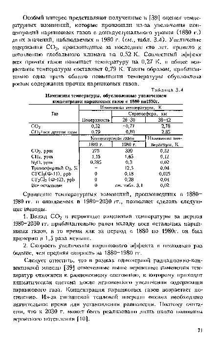 Следует отметить, что в рамках одномерной радиационно-конвективной модели [39] отмеченные выше вероятные изменения температур относятся к равновесному состоянию, к которому приходит климатическая система после мгновенного увеличения содержания парникового газа. Концентрация парниковых газов возрастает постепенно. Из-за гигантской тепловой инерции океана необходимо значительное время для установления равновесия. Поэтому считается, что к 2030 г. может быть реализовано лишь около половины вероятного потепления [10].