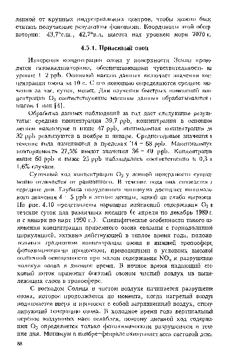 Суточный ход концентрации 03 у земной поверхности существенно отличается от равнинного. В течение года она снижается к середине дня. Глубина полуденного минимума достигает минимального значения 4-5 ppb в летние месяцы, зимой он слабо выражен. На рис. 4.10 представлены вариации изменений содержания 03 в течение суток для различных месяцев (с апреля по декабрь 1989 г. и с января по март 1990 г.). Специфические особенности такого изменения концентрации приземного озона связаны с горнодолшшой циркуляцией, активно действующей в теплое время года, положительным градиентом концентрации озона в нижней тропосфере, фотохимическими процессами, приводящими в условиях высокой солнечной освещенности при малом содержании NOx к разрушению молекул озона в дневное время. В ночное время падающий стоковый поток приносит богатый озоном чистый воздух из вышележащих слоев в тропосфере.