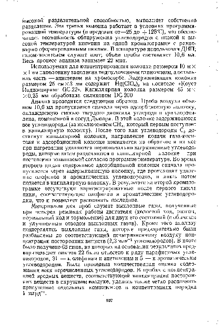 Анализ проводится следующим образом. Проба воздуха объемом 10,6 мл пропускается сначала через адсорбционную колонку, охлаждаемую смесью твердого диоксида углерода и трихлорэти-лена, помещенной в сосуд Дьюара. В этой колонке задерживаются все углеводороды (за исключением СН4, который первым поступает в капиллярную колонку). После того как углеводороды С2 достигнут капиллярной колонки, направление подачи газа-носителя к адсорбционной колонке изменяется на обратное и из нее при нагревании удаляются первоначально загрязненные углеводороды, которые затем разделяются в капиллярной колонке при постепенно повышаемой согласно программе температуре. Во время второго цикла содержимое адсорбционной колонки сначала пропускается через задерживающую колонку, где происходит удаление олефинов и ароматических углеводородов, и лишь потом подается в капиллярную колонку. В результате на второй хроматограмме отсутствуют зарегистрированные после первого цикла пики, соответствующие олефинам и ароматическим углеводородам, что и позволяет распознать последние.