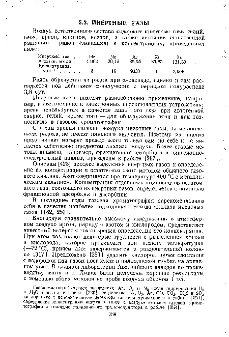 С точки зрения гигиены воздуха инертные газы, за исключением радона, не имеют никакого значения. Поэтому их анализ представляет интерес прежде всего только сам по себе и не является собственно предметом анализа воздуха. Более старые методы анализа, например, фракционная адсорбция и эмиссионноспектральный анализ, приведены в работе [267].