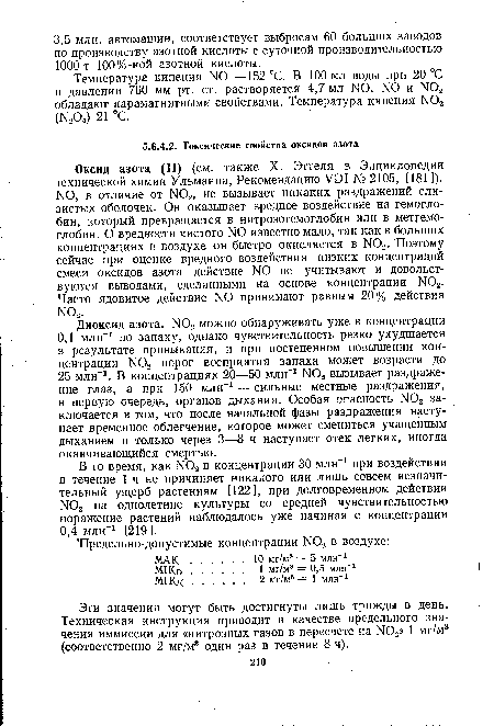 Эти значения могут быть достигнуты лишь трижды в день. Техническая инструкция приводит в качестве предельного значения иммиссии для «нитрозных газов в пересчете на N02» 1 мг/м3 (соответственно 2 мг/м3 один раз в течение 8 ч).