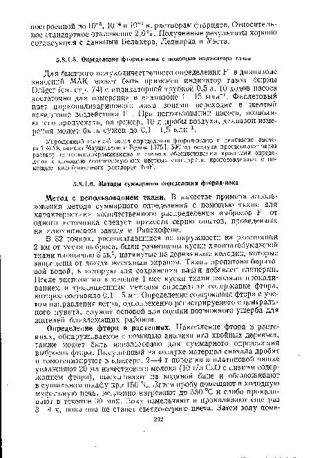 Для быстрого полуколичественного определения F- в диапазоне значений МАК может быть применен индикатор газов фирмы Dräger (см. стр. 74) с индикаторной трубкой 0,5 а. 10 ходов насоса достаточно для измерения в диапазоне 1 —15 млн-1. Фиолетовый цвет цирконализаринового лака зонами переходит в желтый вследствие воздействия F“. При использовании насоса, позволяющего пропускать, например, 10 л пробы воздуха, диапазон измерения может быть сужен до 0,1 —1,5 млн"1.