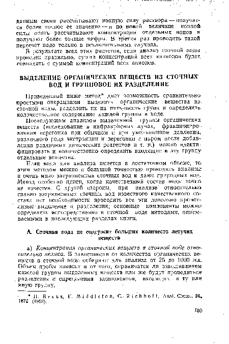 Если вода для анализа имеется в достаточном объеме, то этим методом можно с большой точностью проводить анализы и очень мало загрязненных сточных вод и даже природных вод. Метод особенно ценен, когда качественный состав воды точна не известен. С другой стороны, при анализе относительна сильно загрязненных сточных вод известного качественного состава нет необходимости проводить все эти довольно кропот-ливые- выделения и разделения; основные компоненты можно определять непосредственно в сточной воде методами, описываемыми в последующих разделах книги.