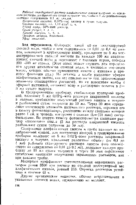 В градуированную пробирку, снабженную притертой пробкой, наливают 5 мл 0,02%-ного раствора пикриновой кислоты в толуоле, прибавляют полученный раствор аминов в толуоле и разбавляют сухим толуолом до 10 мл. Через 30 мин определяют оптическую плотность полученного раствора, перенося его в кювету фотоколориметра, расстояние между стенками которой равно 1 см, и проводя измерение с синими (А, — 413 ммк) светофильтрами. Во вторую кювету фотоколориметра наливают раствор «холостого» опыта (5 мл раствора пикриновой кислоты разбавляют сухим толуолом до 10 мл).