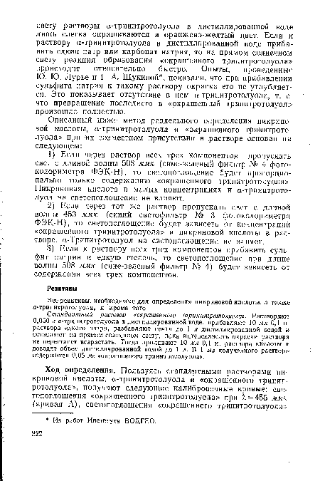 Стандартный раствор «окрашенного тринитротолуола». Растворяют 0,050 г а-тринитротолуола в дистиллированной воде, прибавляют 10 мл 0,1 н. раствора едкого натра, разбавляют почти до 1 л дистиллированной водой и оставляют на прямом солнечном свету, пока интенсивность окраски раствора не перестанет возрастать. Тогда приливают 10 мл 0,1 н. раствора кислоты и доводят объем дистиллированной водой до 1 л. В 1 мл полученного раствора содержится 0,05 мг «окрашенного тринитротолуола».