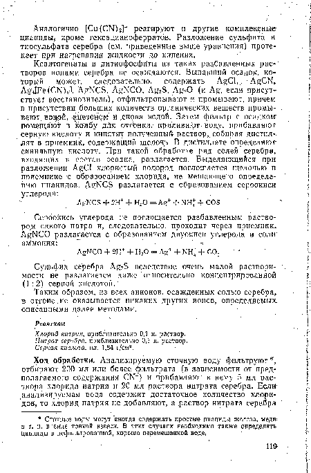 Таким образом, из всех анионов, осажденных солью серебра, в отгоне не оказывается никаких других ионов, определяемых описанными далее методами.