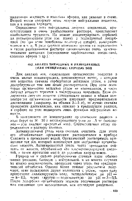 Для анализа вод, содержащих органические вещества в •очень малых концентрациях, рекомендуется метод, в котором эти вещества сначала сорбируются активным углем, а затем .десорбируются тем или иным растворителем. При этом некоторые органические вещества углем не извлекаются, а часть летучих веществ теряется в последующих операциях. Если содержание летучих веществ относительно велико и общая концентрация органических веществ допускает предварительную дистилляцию (например, из объема 2—5 л), то лучше сначала произвести дистилляцию, как описано в предыдущем разделе, а сорбции на угле подвергать лишь фракцию нейтральных веществ.