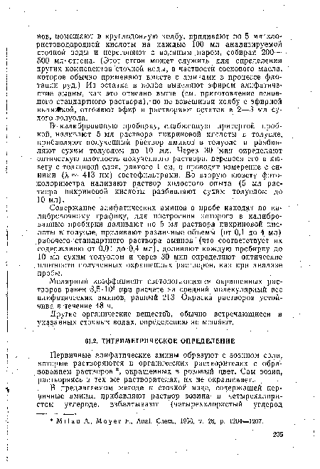 Молярный коэффициент светопоглощения окрашенных растворов равен 5,5 -103 при расчете на средний молекулярный вес алифатических аминов, равный 213. Окраска растворов устойчива в течение 48 ч.