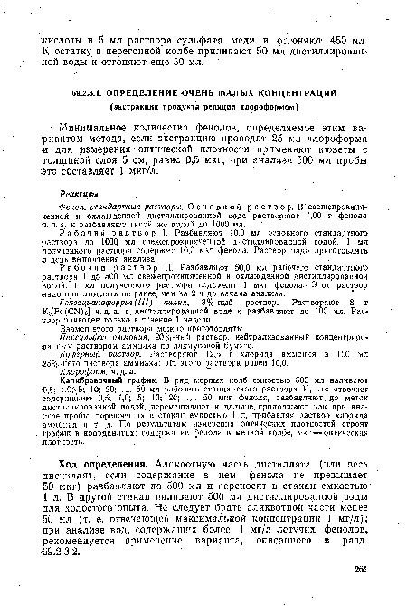 Фенол, стандартные растворы. Основной раствор. В свежепрокипя-•ченной и охлажденной дистиллированной воде растворяют 1,00 г фенола ч. д. а. и разбавляют такой же водой до 1000 мл.