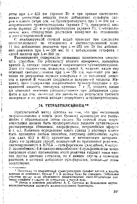 Рассчитывают содержание указанных компонентов следующим способом, По результату второго измерения, пользуясь кривой Б, находят содержание «окрашенного тринитротолуола». Зная это-содержание, пользуясь. кривой А, находят, какое ему отвечает светопоглощение при Я = 453 мм, вычитают это значение из результата первого измерения и по найденной разности и кривой В находят содержание пикриновой кислоты. Наконец, зная содержание «окрашенного тринитротолуола» и пикриновой кислоты, пользуясь кривыми Г и Д, находят, какие ,им отвечают значения светопоглощения при добавлении сульфита и щелочи, вычитают эти значения из результата третьего измерения и по кривой находят содержание а-тринитротолуола.