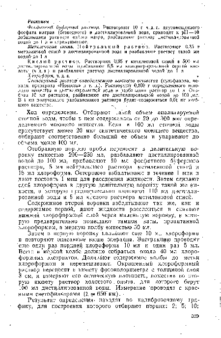 Содержимое второй воронки взбалтывают так же, как и содержимое первой, дают жидкости расслоиться и сливают нижний хлороформный слой чер з маленькую воронку, в которую предварительно помещают тампон ваты, пропитанной хлороформом, в мерную колбу емкостью 50 мл.