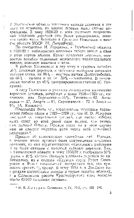 В саду Пензенского училища садоводства количество взрослых деревьев, погибших в зимы 1926—1929 гг., составило: для Боровинки — 66%, Титовки — 42, Антоновки — 37, Апорта — 95, Скрыжапеля — 72 и Аниса — 9% (А. Кизюрин).