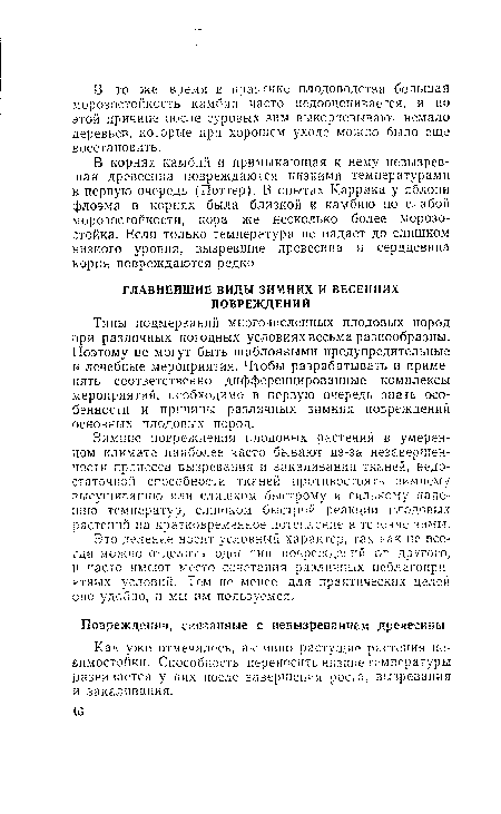 Зимние повреждения плодовых растений в умеренном климате наиболее часто бывают из-за незавершенности процесса вызревания и закаливания тканей, недостаточной способности тканей противостоять зимнему высушиванию или слишком быстрому и сильному падению температур, слишком быстрой реакции плодовых растений на кратковременное потепление в течение зимы.