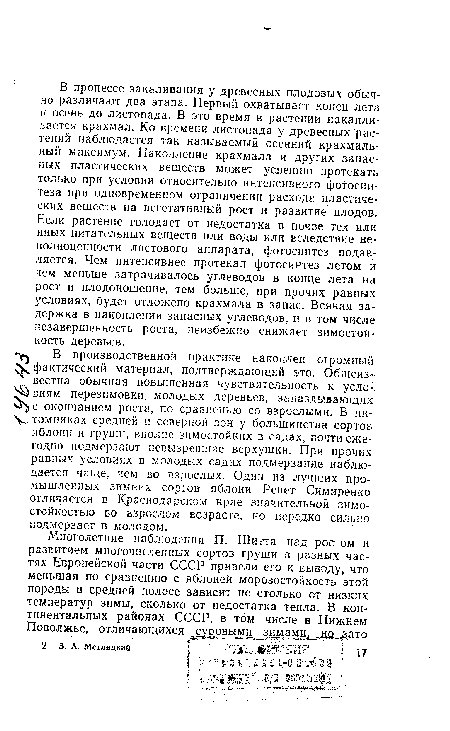 В производственной практике накоплен огромный .V фактический материал, подтверждающий это. Общеиз-вестна обычная повышенная чувствительность к условиям перезимовки молодых деревьев, запаздывающих с окончанием роста, по сравнению со взрослыми. В питомниках средней и северной зон у большинства сортов яблони и груши, вполне зимостойких в садах, почти ежегодно подмерзают невызревшие верхушки. При прочих равных условиях в молодых садах подмерзание наблюдается чаще, чем во взрослых. Один из лучших промышленных зимних сортов яблони Ренет Симиренко отличается в Краснодарском крае значительной зимостойкостью во взрослом возрасте, но нередко сильно подмерзает в молодом.