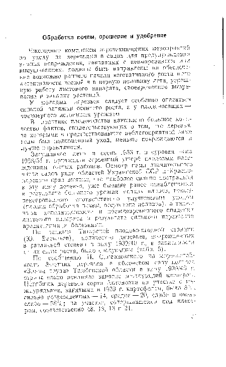 Засушливое лето и осень 19БЗ г. и суровая зима 1953/54 г. причинили серьезный ущерб плодовым насаждениям южных районов. Осмотр нами значительного числа садов ряда областей Украинской ССР и Краснодарского края выявил, что наиболее сильно пострадали в эту зиму деревья, уже бывшие ранее ослабленными в результате большого урожая мелких плодов, некомпенсированного соответственно улучшенным уходом (плохая обработка почвы, отсутствие поливов), а также из-за неполноценности и преждевременного опадении листового аппарата в результате сильного поражения вредителями .и болезнями.