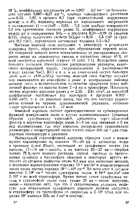 Фоновый аэрозоль состоит преимущественно из субмикронных фракций минеральной пыли и других континентальных (главным образом сульфатных) аэрозолей, проникших через облачный фильтр в верхнюю тропосферу выше 2—3 км над океанами и 5 км над континентами, где этот аэрозоль распределен сравнительно равномерно с концентрацией числа частиц около 300 см-3 при стандартных температуре и давлении.