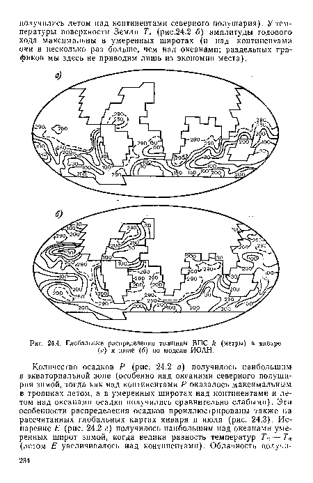 Глобальные распределения толщины ВПС к (метры) в январе (а) и июле (б) по модели ИОАН.