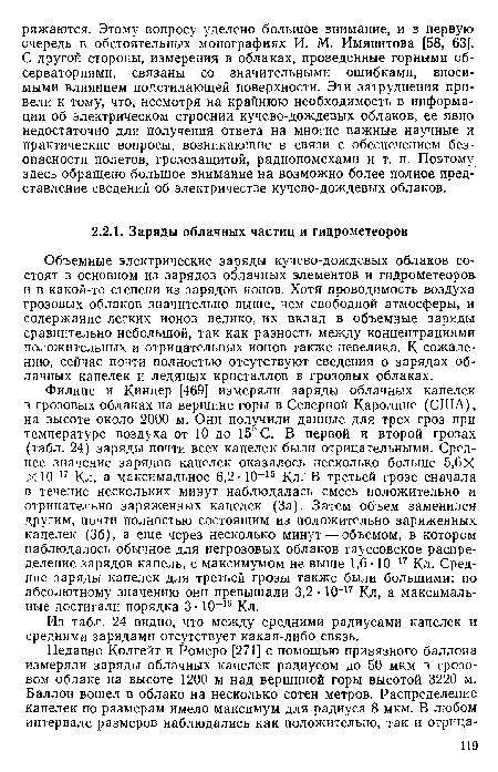 Объемные электрические заряды кучево-дождевых облаков состоят в основном из зарядов облачных элементов и гидрометеоров и в какой-то степени из зарядов ионов. Хотя проводимость воздуха грозовых облаков значительно выше, чем свободной атмосферы, и содержание легких ионов велико, их вклад в объемные заряды сравнительно небольшой, так как разность между концентрациями положительных и отрицательных ионов также невелика. К сожалению, сейчас почти полностью отсутствуют сведения о зарядах облачных капелек и ледяных кристаллов в грозовых облаках.