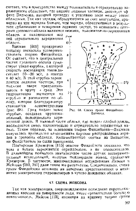 Он считает, что в центральных частях грозового облака существует узкая«труба», в которой скорость восходящих токов достигает 10—20 м/с, а иногда и 40 м/с. В этой «трубе» зарождаются ледяные частицы, при подъеме вверх превращающиеся в крупу и град. Эти гидрометеоры выносятся из «трубы» и разносятся по облаку, которое благодаря ветру становится асимметричным (рис. 68). Град падает возле «трубы», создавая крупнокапельный, положительно заряженный дождь. В тыловой части облака, где падает слабый дождь, наблюдается смесь положительно и отрицательно заряженных капель. Таким образом, на основании теории Финдейзена—Вихмана получалась правильная качественная картина распределения зарядов в грозовых облаках. Количественные оценки ни Вихманом, ни Финдейзеном не были выполнены.