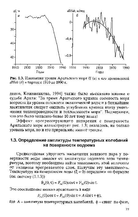 Изменения уровня Аральского моря Н (а) и его производной dH/dt (б) в период с 1910 по 1990 г.