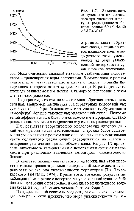 Подчеркнем, что эта положительная обратная связь очень сильная. Например, .амплитуда температурных колебаний над сухой сушей в 3-5 раз (в зависимости от степени турбулентности атмосферы) больше таковой над увлажненной сушей. Поэтому такой эффект должен быть очень заметным в природе. Однако ранее в климатологии и гидрологии эту связь не рассматривали.