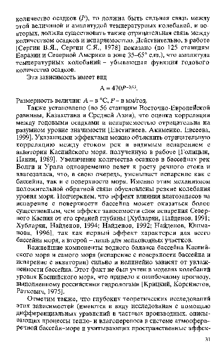 Важнейшие компоненты водного баланса бассейна Каспийского моря и самого моря (испарение с поверхности бассейна и испарение с акватории) сильно и нелинейно зависят от увлажненности бассейна. Этот факт не был учтен в моделях колебаний уровня Каспийского моря, что привело к ошибочному прогнозу, выполненному российскими гидрологами [Крицкий, Коренистов, Раткович, 1975].