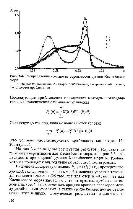 На рис. 3.4 приведены результаты расчетов распределения плотности вероятности для Каспийского моря, а на рис. 3.5 - зависимость приращений уровня Каспийского моря от уровня, которая приводит к бимодальности расчетной гистограммы.