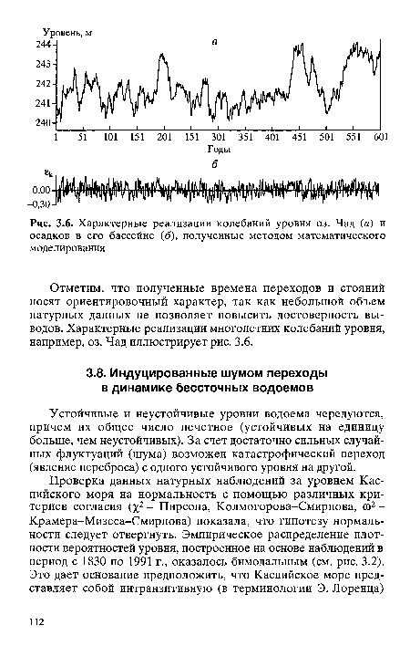 Характерные реализации колебаний уровня оз. Чад (а) и осадков в его бассейне (б), полученные методом математического моделирования