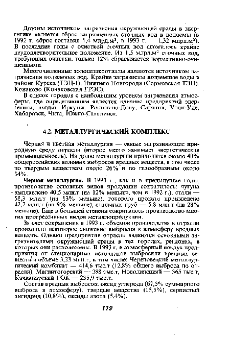 Состав вредных выбросов: оксид углерода (67,5% суммарного выброса в атмосферу), твердые вещества (15,5%), сернистый ангидрид (10,8%), оксиды азота (5,4%).