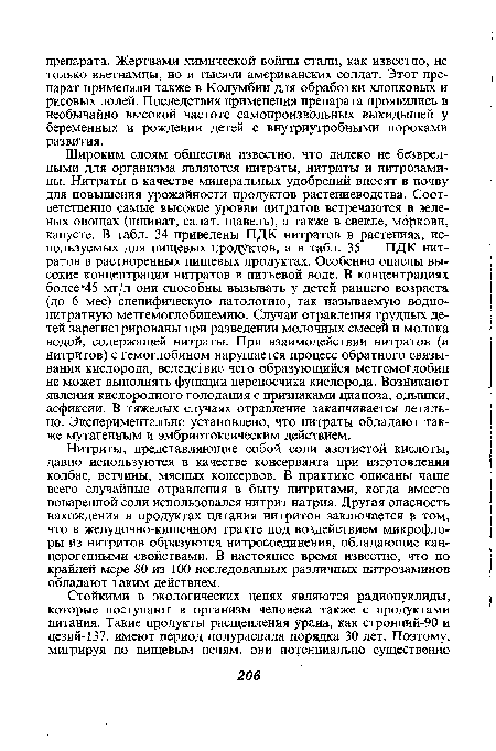 Нитриты, представляющие собой соли азотистой кислоты, давно используются в качестве консерванта при изготовлении колбас, ветчины, мясных консервов. В практике описаны чаще всего случайные отравления в быту нитритами, когда вместо поваренной соли использовался нитрит натрия. Другая опасность нахождения в продуктах питания нитритов заключается в том, что в желудочно-кишечном тракте под воздействием микрофлоры из нитритов образуются нитросоединения, обладающие канцерогенными свойствами. В настоящее время известно, что по крайней мере 80 из 100 исследованных различных нитрозаминов обладают таким действием.