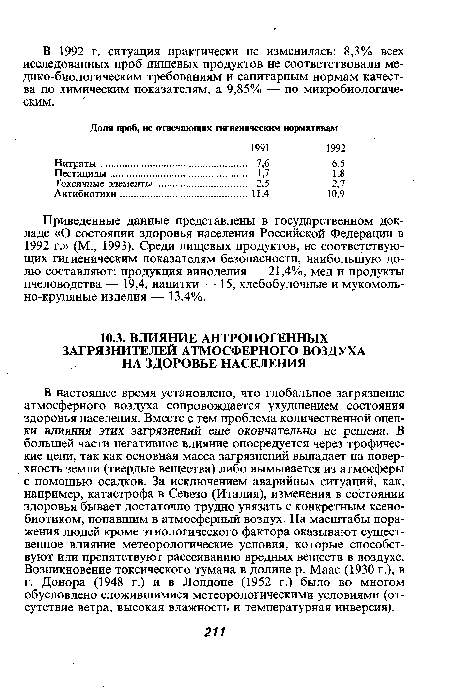 В настоящее время установлено, что глобальное загрязнение атмосферного воздуха сопровождается ухудшением состояния здоровья населения. Вместе с тем проблема количественной оценки влияния этих загрязнений еще окончательно не решена. В большей части негативное влияние опосредуется через трофические цепи, так как основная масса загрязнений выпадает на поверхность земли (твердые вещества) либо вымывается из атмосферы с помощью осадков. За исключением аварийных ситуаций, как, например, катастрофа в Севезо (Италия), изменения в состоянии здоровья бывает достаточно трудно увязать с конкретным ксенобиотиком, попавшим в атмосферный воздух. На масштабы поражения людей кроме этиологического фактора оказывают существенное влияние метеорологические условия, которые способствуют или препятствуют рассеиванию вредных веществ в воздухе. Возникновение токсического тумана в долине р. Маас (1930 г.), в г. Донора (1948 г.) и в Лондоне (1952 г.) было во многом обусловлено сложившимися метеорологическими условиями (отсутствие ветра, высокая влажность и температурная инверсия).