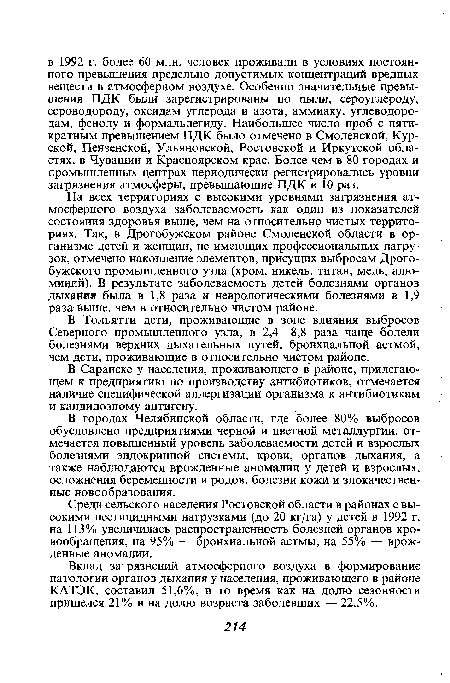 На всех территориях с высокими уровнями загрязнения атмосферного воздуха заболеваемость как один из показателей состояния здоровья выше, чем на относительно чистых территориях. Так, в Дрогобужском районе Смоленской области в организме детей и женщин, не имеющих профессиональных нагрузок, отмечено накопление элементов, присущих выбросам Дрого-бужского промышленного узла (хром, никель, титан, медь, алюминий). В результате заболеваемость детей болезнями органов дыхания была в 1,8 раза и неврологическими болезнями в 1,9 раза выше, чем в относительно чистом районе.