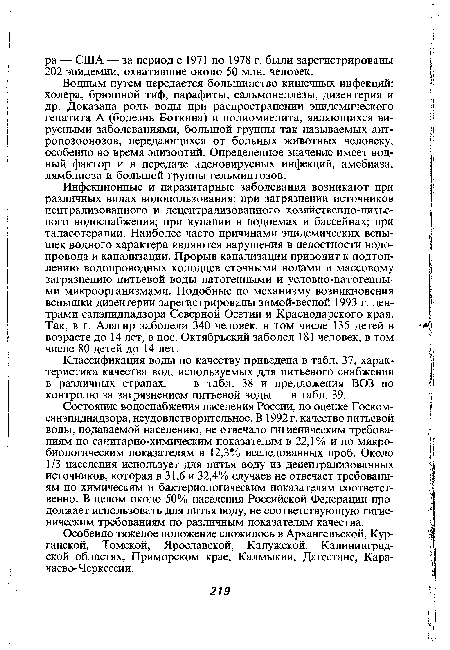 Классификация воды по качеству приведена в табл. 37, характеристика качества вод, используемых для питьевого снабжения в различных странах, — в табл. 38 и предложения ВОЗ по контролю за загрязнением питьевой воды — в табл. 39.