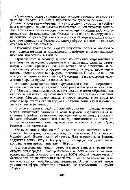 Приведенные в таблице данные по объемам образования и размещения отходов, отражаемые в различных формах отчет-носуи и инвентаризации, на наш взгляд, явно занижены, и их фактические объемы, особенно токсичных отходов, превышают цифры, представленные в формах отчетности. Показаны лишь те отходы, которые нельзя скрыть. Неучтенных загрязнителей окружающей среды огромное количество.