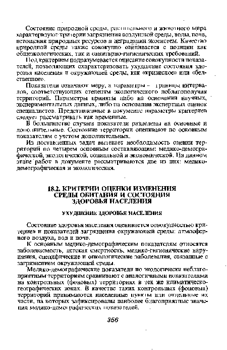 Состояние здоровья населения оценивается совокупностью критериев и показателей загрязнения окружающей среды: атмосферного воздуха, вод и почв.