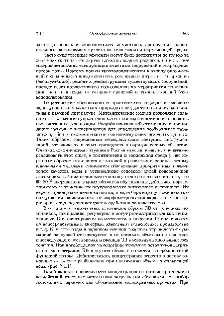 В отличие от неточечных источников сбросы ЗВ от точечных источников, как правило, регулярны и могут рассматриваться как стационарные. Они фиксированы на местности, а нагрузки ЗВ оцениваются по непосредственным замерам, известным технологиям производства и т. д. Качество воды в заданном сечении водотока определяется суммарной нагрузкой от совокупности источников, объемом потока воды и последующего растворения и распада ЗВ в условиях установившегося течения. При преобладании на водосборе точечных источников загрязнения концентрация ЗВ в водном объекте является гиперболической функцией потока. Действительно, концентрация веществ в потоке сокращается за счет разбавления при увеличении объема протекающей воды (рис. 7.1.1).