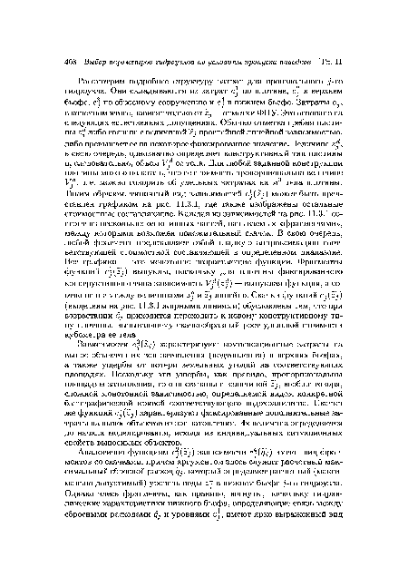 Зависимости с (2 ) характеризуют компенсационные затраты на вынос объектов их зон затопления (подтопления) в верхних бьефах, а также ущербы от потери земельных угодий на соответствующих площадях. Поскольку эти ущербы, как правило, пропорциональны площадям затопления, то они связаны с величиной вообще говоря, сложной монотонной зависимостью, определяемой видом конкретной батиграфической кривой соответствующего водохранилища. Скачки же функций с2 (2 ) характеризуют фиксированные дополнительные затраты на вынос объектов из зон затопления. Их величина определяется до начала моделирования, исходя из индивидуальных ситуационных свойств выносимых объектов.