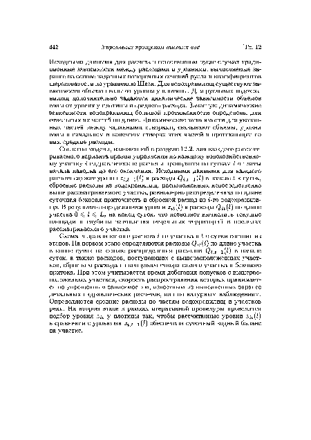 Согласно модели, изложенной в разделе 12.2, для каждого рассматриваемого варианта правил управления по каждому водохозяйственному участку г гидравлические расчеты проводятся по суткам £ от даты начала паводка до его окончания. Исходными данными для каждого расчета служат уровни Zi -l(I) и расходы (¿г ъ-хЦ) в начале ¿-х суток, сбросные расходы из водохранилищ, расположенных непосредственно выше рассматриваемого участка, равномерно распределенная по длине суточная боковая приточность и сбросной расход из г-го водохранилища. В результате определяются уровни гц(1) и расходы по длине участка 0 I на конец суток, что позволяет вычислить текущие площади и глубины затопления отдельных территорий в пределах рассматриваемого участка.