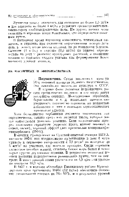 Хотя большинство гербицидов являются токсичными для подсолнечника, однако среди них имеются такие, которые могут применяться довольно успешно. Если подсолнечник засорен злаковыми сорняками (куриное просо, мышей зеленый и сизый, овсюг), хороший эффект дает применение изопропилфе-нилкарбамата (ИФК).