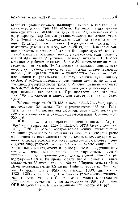 Рабочая скорость ОСШ-15А в поле 4,3—6,7 км/час, производительность 3,4 га/час. Вес опрыскивателя 368 кг. Габариты: длина 4680 мм, ширина 15000 мм, высота 2280 мм. Опрыскиватель выпускается заводом «Львовсельмаш». Стоимость его 350 руб.