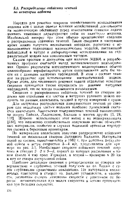 Сведения о распределении сейшевых течений по створам водоема или отдельным его частям в натурных условиях можно получить по данным, авиасъемок течений и путем измерений с судов.