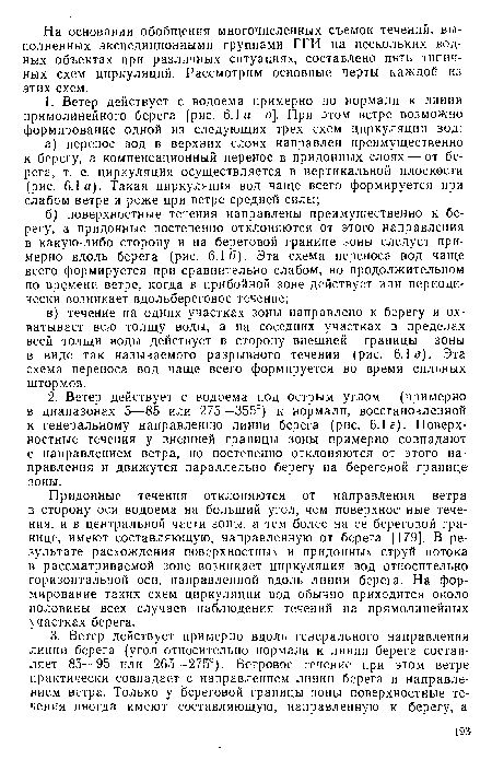 Придонные течения отклоняются от направления ветра в сторону оси водоема на больший угол, чем поверхностные течения, и в центральной части зоны, а тем более на ее береговой границе, имеют составляющую, направленную от берега [179]. В результате расхождения поверхностных и придонных струй потока в рассматриваемой зоне возникает циркуляция вод относительно горизонтальной оси, направленной вдоль линии берега. На формирование таких схем циркуляции вод обычно приходится около половины всех случаев наблюдения течений на прямолинейных участках берега.