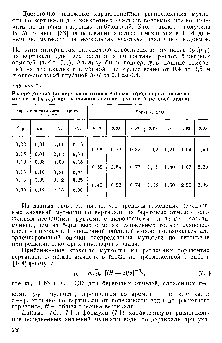 По этим материалам определено относительная мутность (pf/Pcp) на вертикали для трех различных по составу грунтов береговых отмелей (табл. 7.1). Анализу были подвергнуты данные измерений на вертикалях с глубиной преимущественно от 0,4 до 1,5 м и относительной глубиной h/H от 0,3 до 0,8.