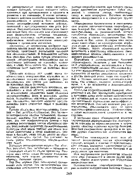 Однако анализ фактического материала, накопленного в этой области, показывает, что, за исключением упомянутых выше облигатно энтомопатогенных форм и некоторых других видов, большинство описанных энтомопатогенных спороносных бактерий является представителями ранее описанных видов и разновидностей.