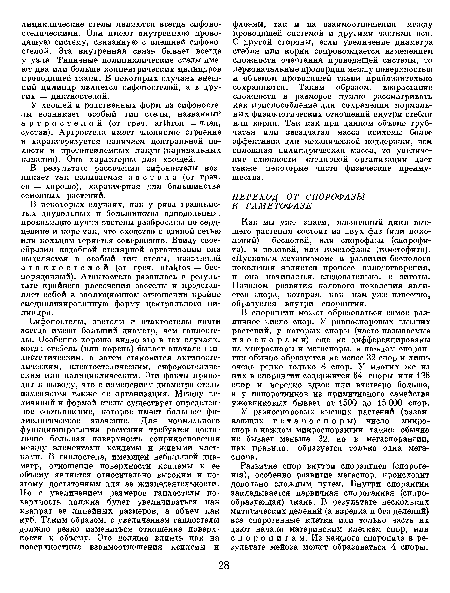 Развитие спор внутри спорангиев (спороге-нез), особенно развитие мегаспор, происходит довольно сложным путем. Внутри спорангия закладывается первичная спорогенная (спорообразующая) ткань. В результате нескольких митотических делений (а изредка и без делений) все спорогенные клетки или только часть их дают начало материнским клеткам спор, или спороцитам. Из каждого спороцита в результате мейоза может образоваться 4 споры.