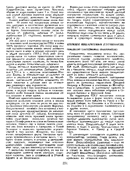 По сведениям палеоботаников, таксодиевые были важными компонентами лесов, простиравшихся на громадных территориях Северной Америки и Евразии и доходящих до Шпицбергена и Гренландии. К настоящему времени от них остались лишь небольшие островки в Северной Америке и Восточной Азии.