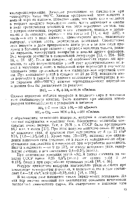 Ресурсы цианистого водорода значительно увеличиваются при повышении температуры пиролиза, и количество его в газе составляет 0,4—2,0 г/м3, или 0,06—0,3% (об.) [18, с. 136].