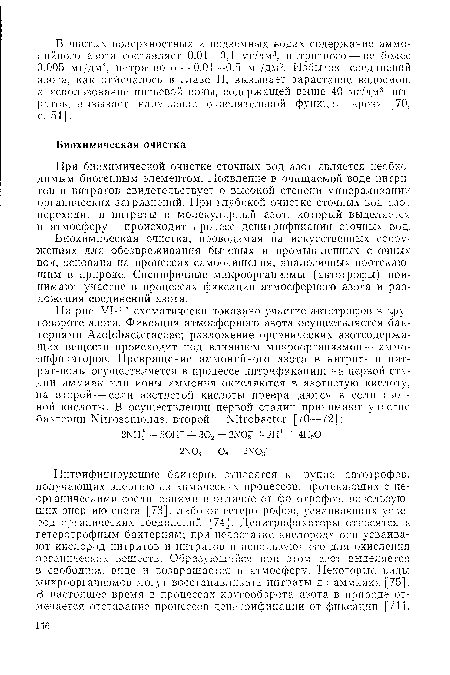 Нитрифицирующие бактерии относятся к группе автотрофов, получающих энергию из химических процессов, протекающих с неорганическими соединениями в отличие от фототрофов, использующих энергию света [73], либо от гетеротрофов, усваивающих углерод органических соединений [74]. Денитрификаторы относятся к гетеротрофным бактериям; при недостатке кислорода они усваивают кислород нитритов и нитратов и используют его для окисления органических веществ. Образующийся при этом азот выделяется в свободном виде и возвращается в атмосферу. Некоторые виды микроорганизмов могут восстанавливать нитраты до аммиака [75]. В настоящее время в процессах кругооборота азота в природе отмечается отставание процессов денитрификации от фиксации [71].