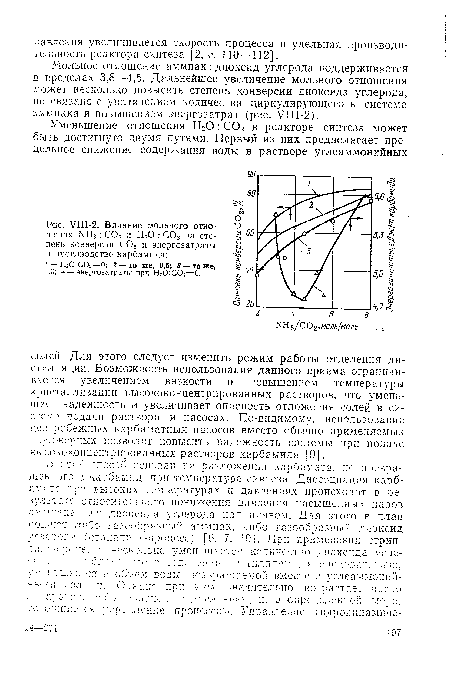 Мольное отношение аммиак: диоксид углерода поддерживается в пределах 3,8—4,5. Дальнейшее увеличение мольного отношения может несколько повысить степень конверсии диоксида углерода, но связано с увеличением количества циркулирующего в системе аммиака и повышением энергозатрат (рис. УШ-2).