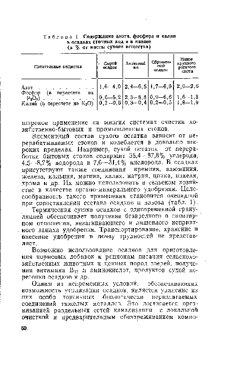 Возможно использование осадков для приготовления кормовых добавок к рационам питания сельскохозяйственных животных и ценных пород зверей, получения витамина В]2 и аминокислот, продуктов сухой перегонки осадков и др.